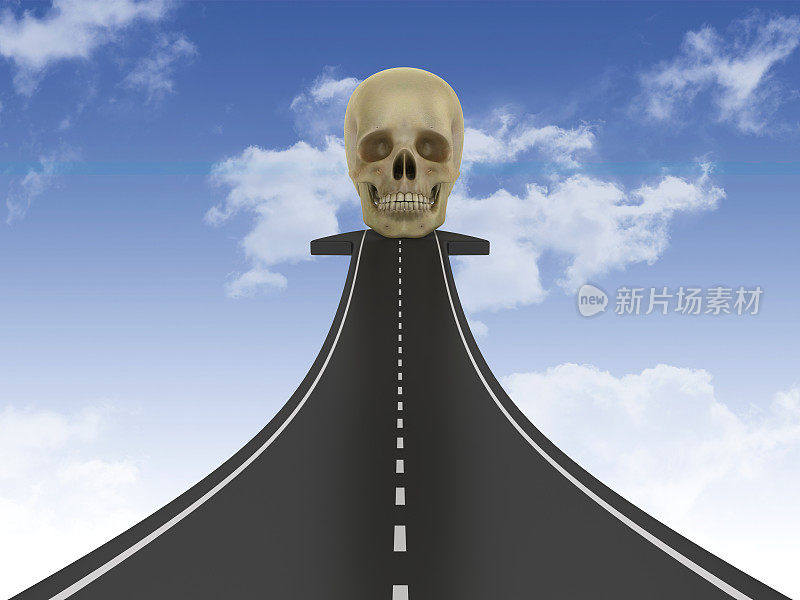 道路箭头与头骨在天空- 3D渲染